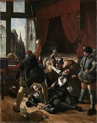 Scène de la Saint-Barthélemy, assassinat de Briou, gouverneur du Prince de Conti, 24 août 1572, Joseph Nicolas Robert-Fleury, XIXe&nbsp;siècle (Paris, musée du Louvre).