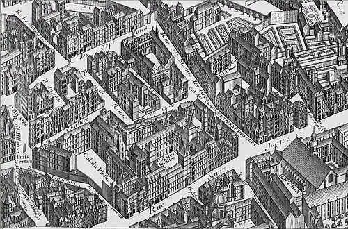 Détail du plan de Turgot montrant l'église des Jacobins s'ouvrant sur la rue Saint-Jacques (en bas à droite), en face du débouché de la rue Saint-Étienne-des-Grès (actuelle rue Cujas). Au premier plan, le dôme de la Sorbonne.