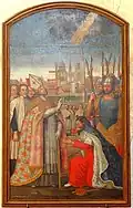 Clotaire II implorant le pardon de saint-Loup. Tableau de Charles-Nicolas Lambinet daté de 1775, exposé dans le transept sud.