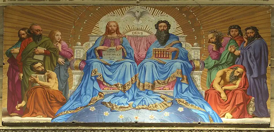 La Sainte Trinité (1846)plaque de lave émaillée, façade de l'église.