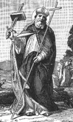 C'est un dessin qui représente le Saint Boniface. Il tient dans une main une épée qui transperce un livre et dans l'autre il tient un long bâton en forme de croix.