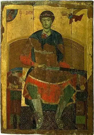 Icône de Vsevolod montrant son saint-patron, St. Demetrius, sortant son épée de son fourreau.