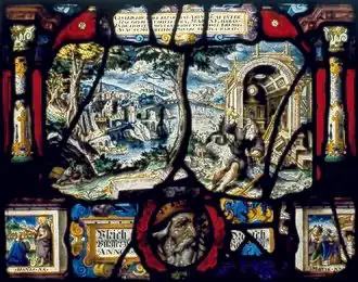 Vitrail montrant un tailleur de pierre en train d'édifier un bâtiment religieux.