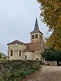 Chevet clocher et mur du cimetière.