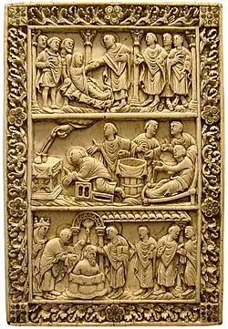 Plaque de reliure en ivoire avec scènes de la vie de Saint-Rémi, Reims, dernier quart du IXe&nbsp;siècle.
