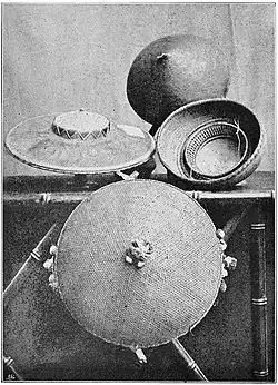 Différents types de salakot des Philippines, vers 1900. Le bandeau intérieur est visible sur le salakot du milieu à droite.