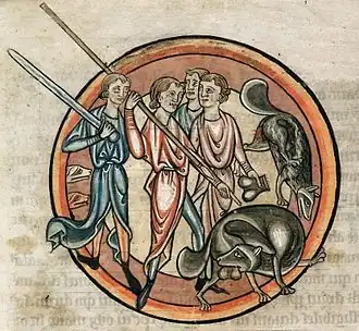 Autre représentation d'un Castor d'Europe pratiquant l'autocastration (bestiaire de Salisbury (XIIIe&nbsp;siècle)