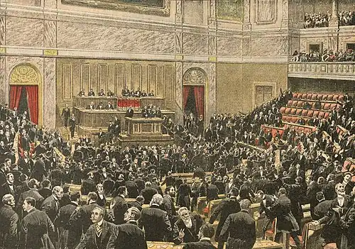 Dessin en couleur représentant des hommes en costumes trois pièces s’agitant dans un hémicycle