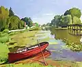 Peinture montrant au premier plan une barque d'un rouge très vif sur une grande étendue d'eau stagnante avec végétation et nénuphars, et au fond, des arbres et un ciel bleu