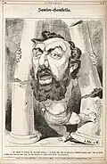 Dessin de presse représentant un homme barbu vêtu d'une toge qui détruit à mains nues deux colonnes.