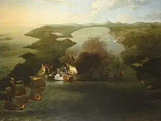 Samuel Scott, La capture de Puerto Bello, 21 novembre 1739, 1740, huile sur toile, 208,3&nbsp;×&nbsp;276,9&nbsp;cm, Londres, National Maritime Museum, BHC0354