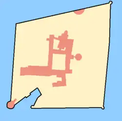 Carte montrant l'île agrandie sur les deux autres côtés. Les bâtiments sont quasiment les mêmes.