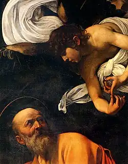 Matthieu rédige son évangile, guidé par un ange.