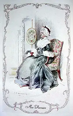 Gravure en couleur. Vieille femme revêche, assise très raide dans un fauteuil