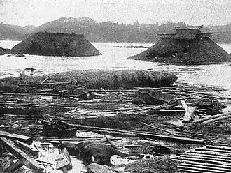 Photo en noir et blanc de débris de maisons au milieu de l'eau
