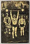 Sans titre - Bois gravé représentant deux haltérophiles et un clown (1978), Musée d'art et d'histoire de Saint-Brieuc.