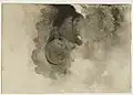 Victor Hugo : Sans titre, Empreinte d'une pièce de monnaie de Jersey entourée de taches d'encre formant des nébulosités. Vers 1855-1856.