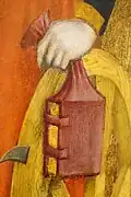 Livre en aumônière, Santa Caterina di Alessandria (détail), Maestro di Crea (XVe&nbsp;siècle).