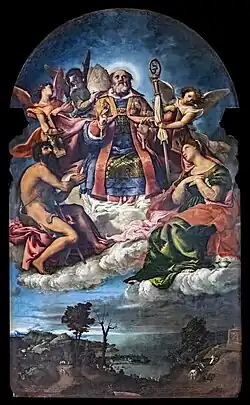 Saint Nicolas en gloire avec saint Jean-Baptiste et sainte Lucie, Lorenzo Lotto.