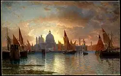 Coucher de soleil sur la basilique Santa Maria della Salute de Venise, entre 1870 et 1885