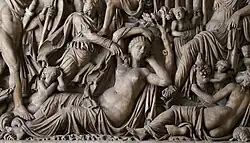 Rhéa Silvia, détail du sarcophage de Mars et Rhéa Silvia (vers 200 av. J.-C.).