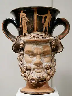 Canthare à figures de femme et de satyre attribué à Aison. Spina (Italie), v. 420, Metropolitan Museum of Art.