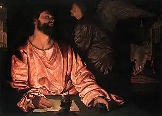 Portrait d'un homme écrivant et regardant un ange qui s'approche de lui.
