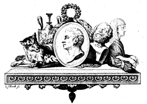 Figure sur la page de titre de Geschichte der Kunst des Alterhums Vol. 1 (1776) de Johann Joachim Winckelmann. Winckelmann fut un pionnier dans l’étude de l’art gréco-romain et de l'art de la Rome antique en particulier. Il est au centre, avec la louve qui allaite les jumeaux et Homère le plus proche de lui. Un sphinx et un vase étrusque sont à l'arrière-plan.