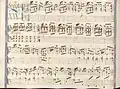 partition manuscrite rehaussée de couleurs passées rouge et bleu en bordures