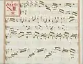 partition manuscrite aux couleurs passées vert et rouge en bordures et cadre de titre, titre en rouge