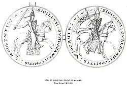 2 dessins ronds avec la légende autour représentants des chevaliers armés à cheval