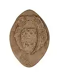 Austorg ou Astorg de Murat (1258). Sceau en forme de navette avec un écu portant trois fasces crénelées. Légende théorique : + S ASTORC V............RATO (Collection Douet d’Arcq 412).