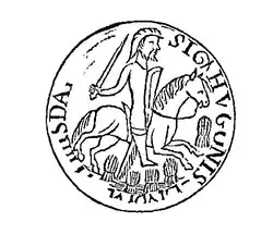 Dessin d'un homme armé à cheval avec des gerbes d'avoine à ses pieds.