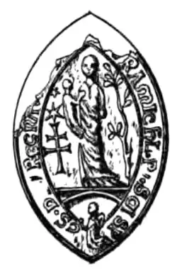 XIIIe&nbsp;siècle : sceau de frère Jean II, 10e&nbsp;grand maître (avant 1290). Coll. Séguier. Musée de Nîmes.