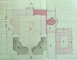 Schéma du Château-Vieux de Meudon en cours de démolition, 22 février 1805. En rose foncé, ce qu'il reste à démolir. ADY, 2Q 34.