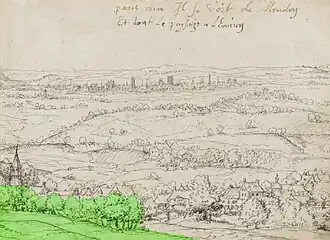 Vue de Paris depuis Meudon, seconde moitié du XVIe&nbsp;siècle. En vert est visible l'emplacement du futur jardin de la maison.