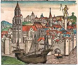 Illustration représentant Paris au XVe&nbsp;siècle. Divers édifices religieux peuvent être aperçus, ainsi que des remparts au bord de la Seine sur laquelle se trouve une caravelle.