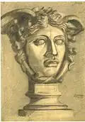 Dessin d'une tête sculptée androgyne avec deux sortes d'ailes en haut des cheveux