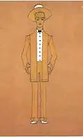 Dessin d'un jeune homme en grand chapeau et costume à veste longue d'une couleur proche du papier