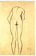 Dessin de dos d'un homme maigre courbé en avant, épaules et tête non visibles