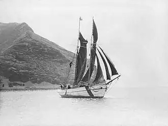Photographie d'une goélette à deux mats navigant sur une mer calme. En fond une île escarpée.