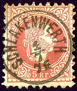 Timbre autrichien oblitéré « Schlackenwerth » en 1874.