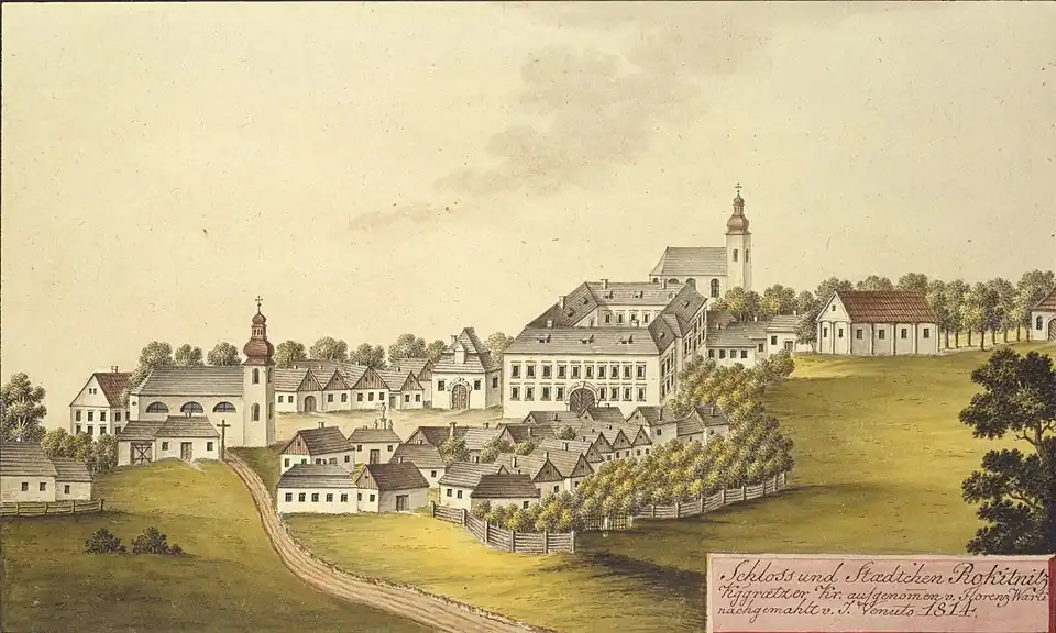Château et ville de Rokytnice v Orlických horách en 1814,par Joann Venuto.