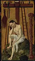 Tableau représentant un Christ percé de cinq plaies, pleurant assis devant une croix qui soutient une couronne d'épines, un fouet et une lance.