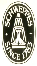 Logos de Schweppes (ancien et actuel) représentant la fontaine mise en place lors de l'exposition universelle de 1851 (à gauche, dessin de la véritable fontaine de 8 mètres).