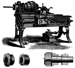 Un tour d’usinage de 1871, équipé d’une vis sans fin, d’un chariot guidé et d'un harnais pour le filetage à pas fixe.