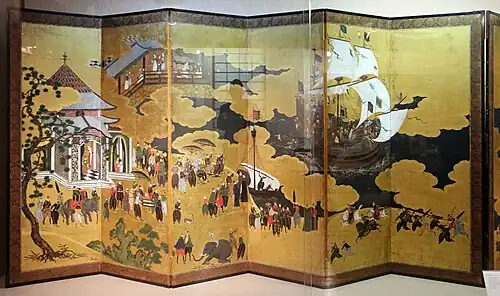 Kanō Naizen (att.), paravent Nanban (gauche), vers 1590-1615, encre, couleurs et feuilles d'or sur papier, Museu Nacional de Arte Antiga. Ce paravent prend place en Europe.