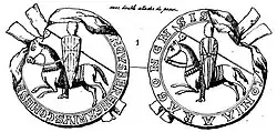 2 dessins ronds avec la légende autour montrant des chevaliers armés à cheval