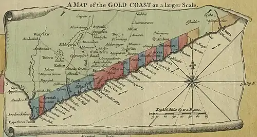 Cartes distinguant en bleu, rouge et jaune les différentes possessions coloniales depuis Friedricksbourg, à l'embouche de l'Ankobra, jusqu'à la Volta.