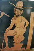 Satyre assis. Skyphos à figures rouges, Ve&nbsp;siècle. Musée archéologique régional Antonio-Salinas, Palerme